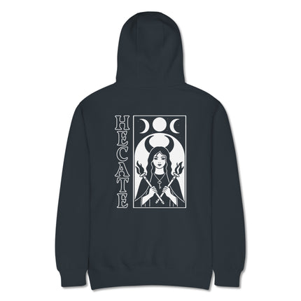Black hoodie featuring Hecate and a triple moon goddess occult print on the back.
