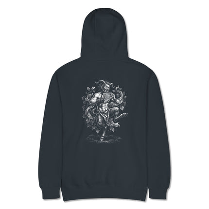 Satyr playing pan flute back print on Greek mythology hoodie design.