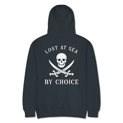 Jolly Roger skull and crossbones graphic printed on the back of a pullover hoodie.