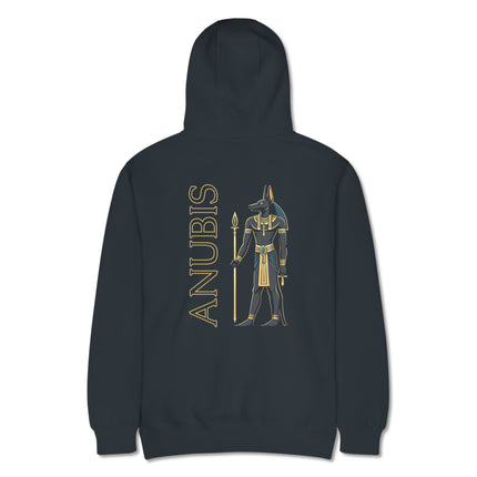 Anubis Egyptian god print on back of black mythology pullover hoodie.