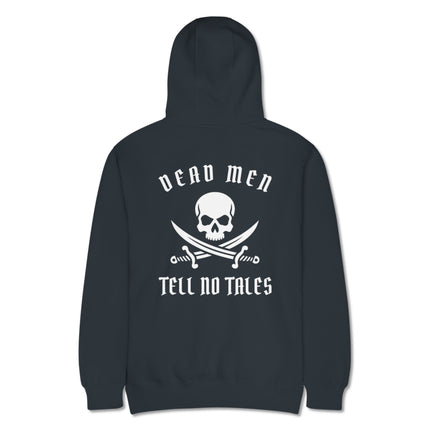 Dead Men Tell No Tales pirate skull and swords back print graphic hoodie design.