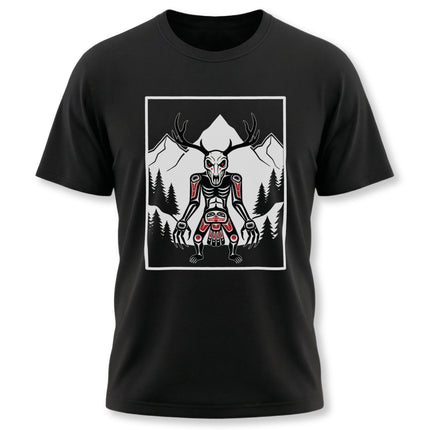 Wendigo cryptid graphic tee featuring an antler skull among mountains and pine trees.