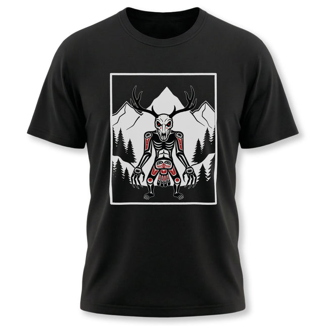 Wendigo cryptid graphic tee featuring an antler skull among mountains and pine trees.