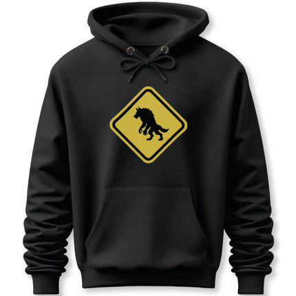 Werewolf warning sign graphic on a black pullover hoodie.