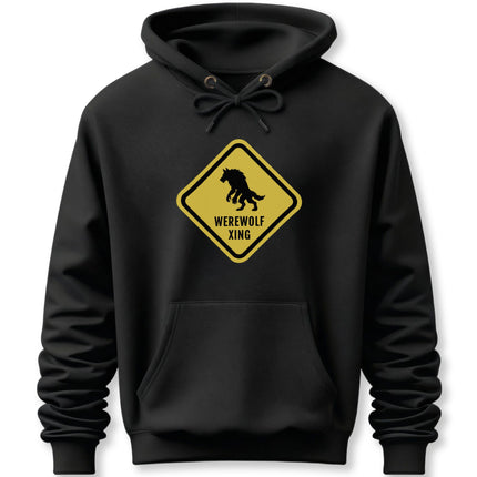 Black hoodie featuring a yellow warning sign with a werewolf silhouette and "Werewolf Xing.