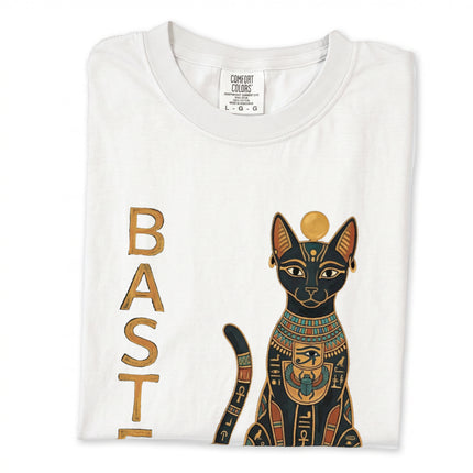 Ancient Egyptian Bastet cat goddess graphic tee shirt featuring ancient art style.