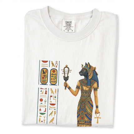 Graphic tee featuring Egyptian goddess Bastet in ancient history art style print.