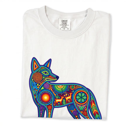 Colorful Huichol coyote graphic art tee featuring indigenous Mexican patterns.
