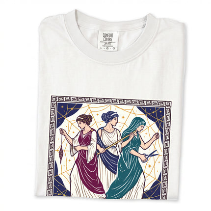 Moirai The Fates Greek mythology t-shirt featuring ancient goddess designs.