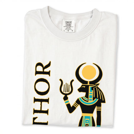 Hathor Egyptian goddess t-shirt design featuring ancient sun disk mythology print.