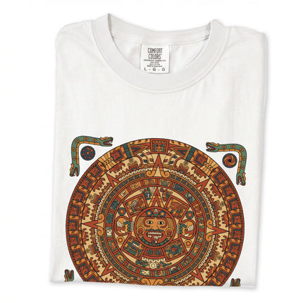 Ancient Mayan calendar art printed on a comfortable graphic t-shirt featuring Mesoamerican design.