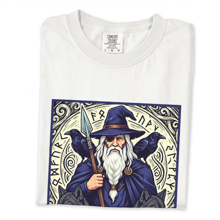 Norse Odin Allfather t-shirt graphic featuring ravens and wolves.