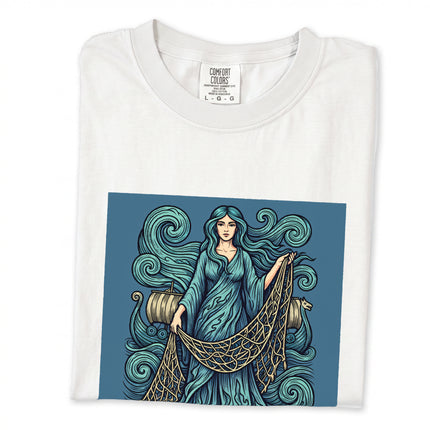Rán Norse Sea Goddess t-shirt design with mythological ocean waves and net pattern.