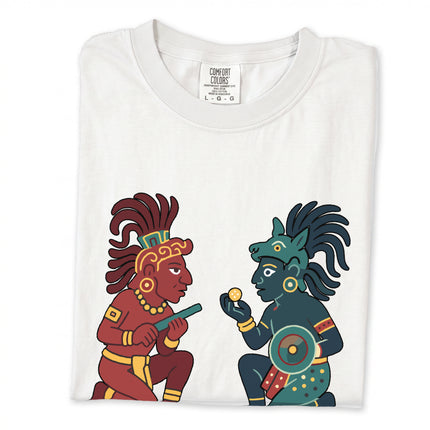 Mayan mythology t-shirt graphic featuring Hunahpu and Xbalanque characters from the Popol Vuh.