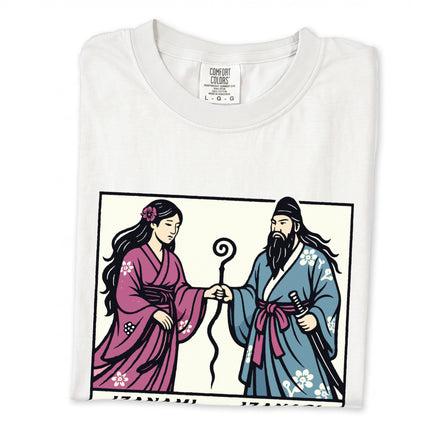 Izanami and Izanagi shinto gods graphic print on a unisex Japanese mythology t-shirt.