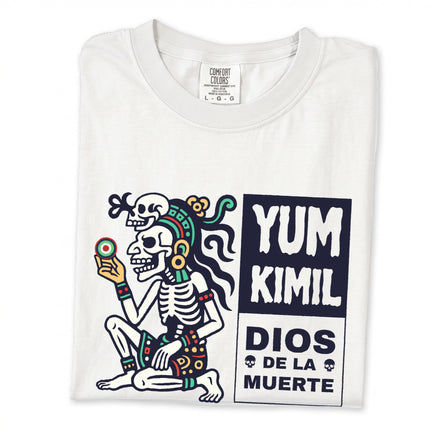 Yum Kimil Mayan death god skeleton graphic t-shirt. Mesoamerican mythology themed apparel tee.