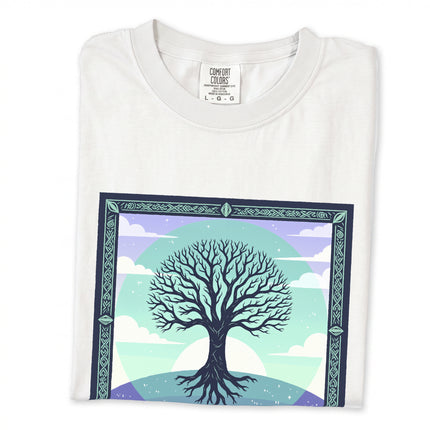 Yggdrasil Tree of Life graphic tee featuring intricate Celtic knot roots and branches design.