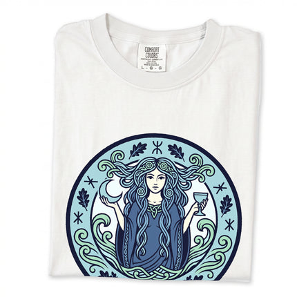 Mystical depiction of Nimue, Lady of the Lake, celtic water sorceress mythology t-shirt art.