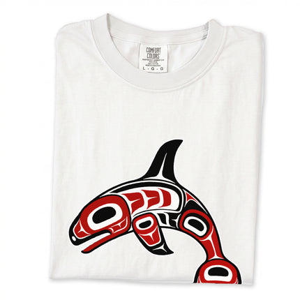Native formline art graphic of an orca killer whale on a Pacific Northwest themed t-shirt.