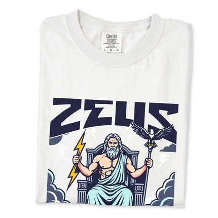 Zeus King of the Gods Greek mythology t-shirt featuring a lightning bolt and majestic eagle graphic design.