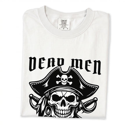 Dead Men Tell No Tales skull t-shirt with Jolly Roger pirate graphic print.