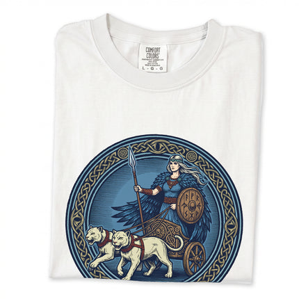 Freyja Norse Goddess t-shirt graphic: Cat Chariot Viking mythology design tee.