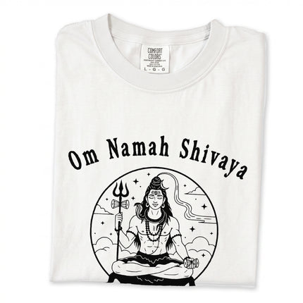 Om Namah Shivaya mantra graphic tee featuring Lord Shiva artwork on a t-shirt.