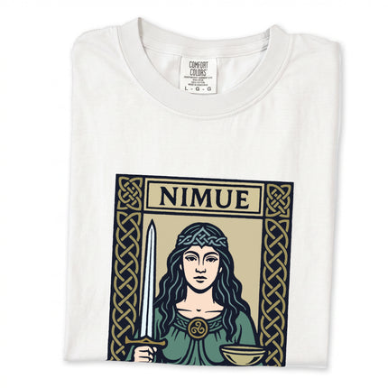Celtic t-shirt featuring Nimue Lady of the Lake, Arthurian sword, and chalice Celtic art design.