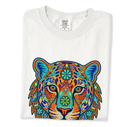 Vibrant psychedelic jaguar graphic in traditional Huichol Mexican art style tee shirt.