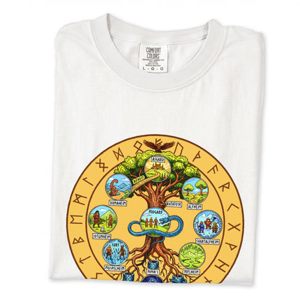 Norse Yggdrasil World Tree t-shirt design featuring nine realms rune mythology graphic print.