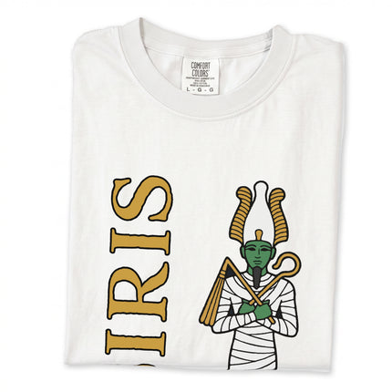Ancient Egyptian Osiris god graphic tee shirt featuring ancient mythology and mummy art.