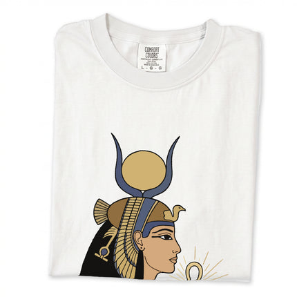 Ancient Egyptian Goddess Isis graphic tee shirt featuring detailed hieroglyphic artwork.