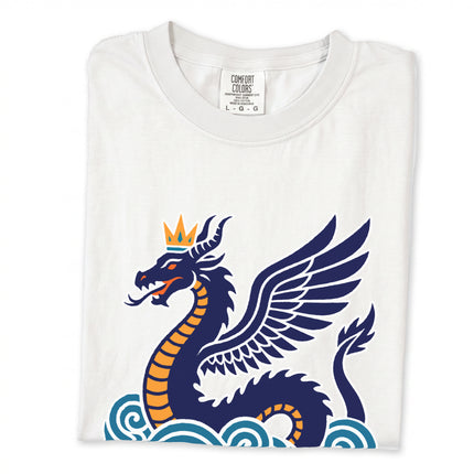 Tiamat dragon graphic tee shirt featuring a crowned sea serpent mythology design print.