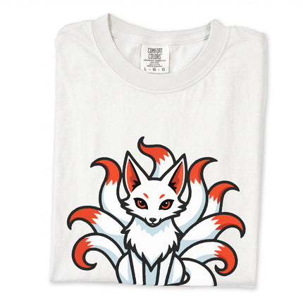 Nine-tailed Kitsune fox spirit graphic printed on a Japanese mythology t-shirt.