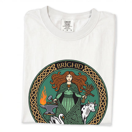 Brighid Celtic Goddess t-shirt featuring Irish mythology artwork of fire, forge, swan, and cow.