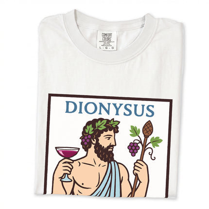 Dionysus Greek god of wine mythology graphic tee shirt design.