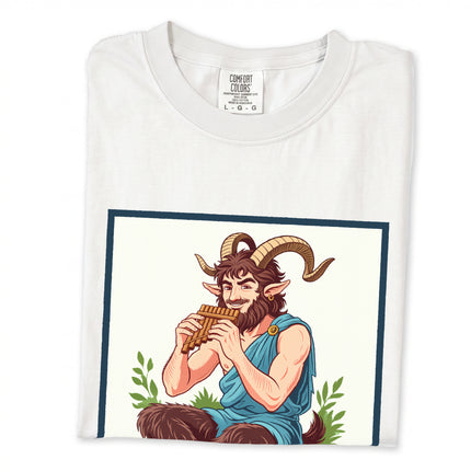 Great God Pan satyr graphic t-shirt featuring Greek mythology flute design.
