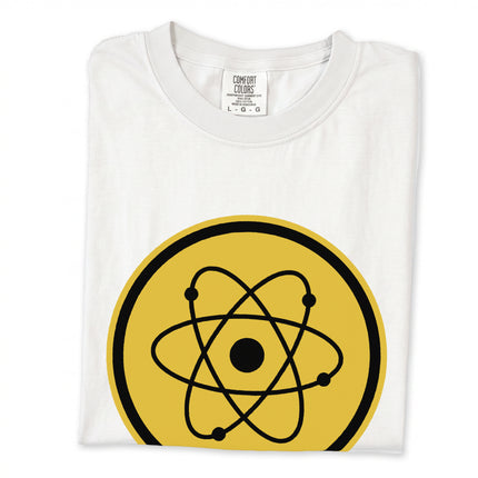 Retro gold atomic symbol science graphic t-shirt design featuring a vintage emblem.