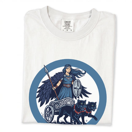 Norse goddess Freya with cats and chariot graphic design on a Viking mythology t-shirt.