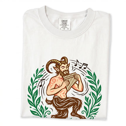 Greek Mythology Pan T-Shirt design featuring satyr and pan flute illustration art.