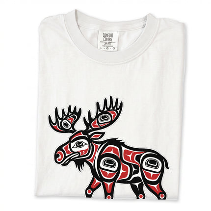 Indigenous style formline art moose graphic tee shirt featuring woodland animal designs.