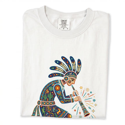 Vibrant southwestern flute player graphic tee featuring colorful tribal art and desert motifs.