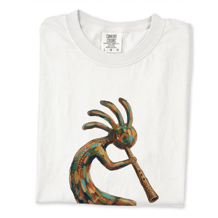 Kokopelli Native American T-Shirt featuring vibrant Southwestern tribal art graphics.