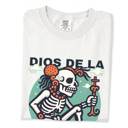 Mayan Death God skeleton mythology graphic t-shirt design featuring ancient Mesoamerican art.
