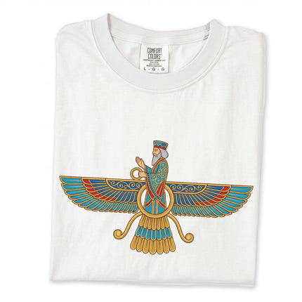 Faravahar ancient Persian symbol graphic printed on a t-shirt.