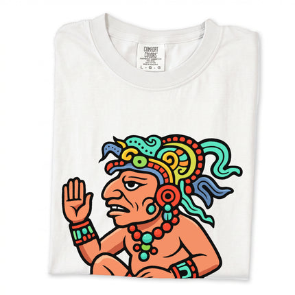 Colorful t-shirt featuring a detailed graphic of Itzamná, the powerful Mayan god from ancient Mesoamerican mythology.