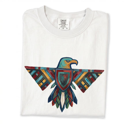 Geometric Thunderbird and Eagle graphic tee with tribal inspired artwork.