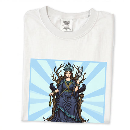 Unisex t-shirt design featuring Frigg, Queen of Asgard, Norse goddess mythology raven art.