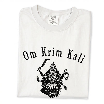 Graphic t-shirt featuring Om Krim mantra and Hindu goddess Kali Sanskrit artwork.