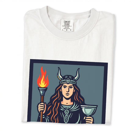 Gullveig Norse Goddess t-shirt design featuring mythological Viking art, torch, and chalice imagery.